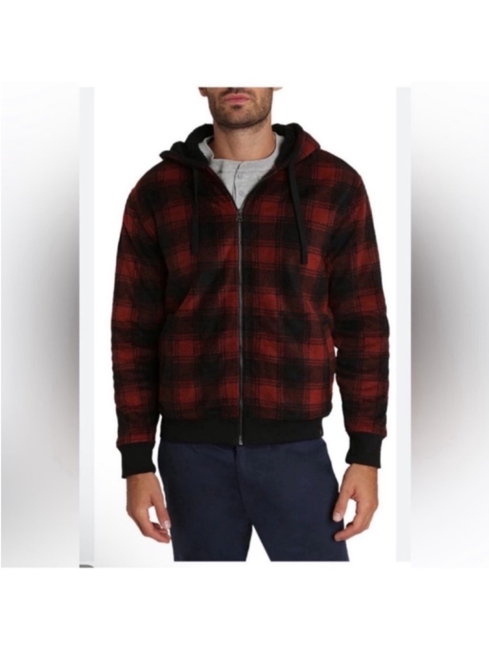 Jachs Plaid Fleece Sherpa lined Full Zip Hoodie/Sweatshirt jacket Sz L Brown